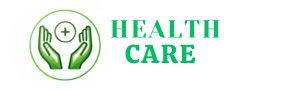 Health Care logo with caring hands holding a medical cross inside a green circle