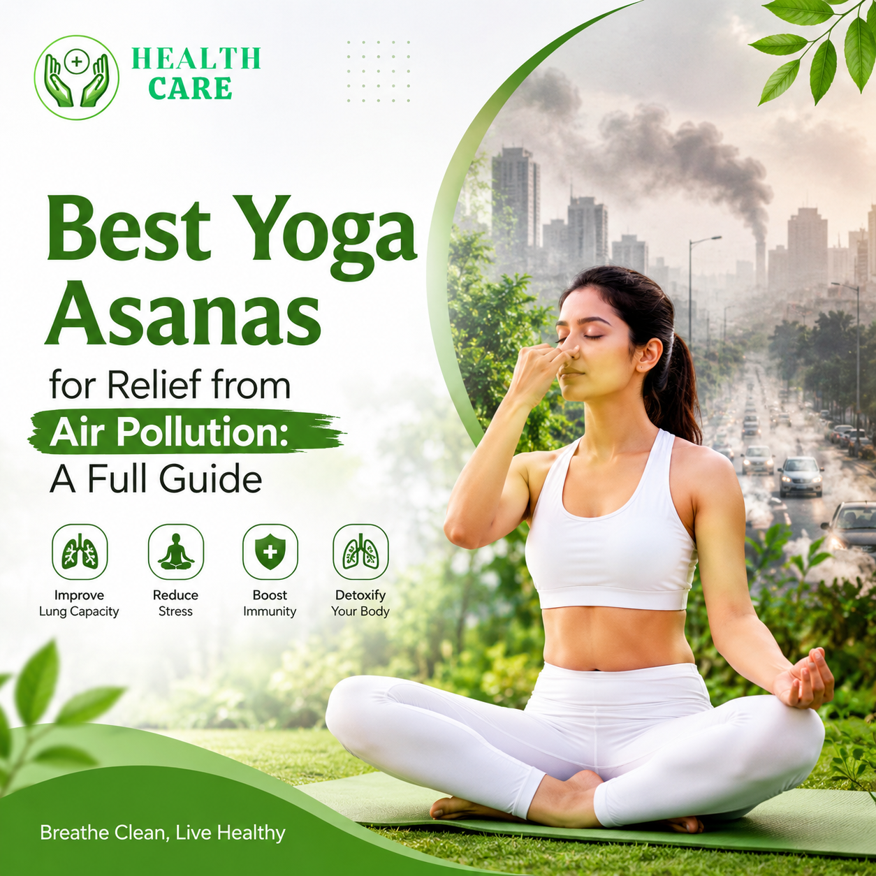 Woman practicing yoga and pranayama outdoors with a polluted city background, illustrating the best yoga asanas to reduce the effects of air pollution and improve lung health.