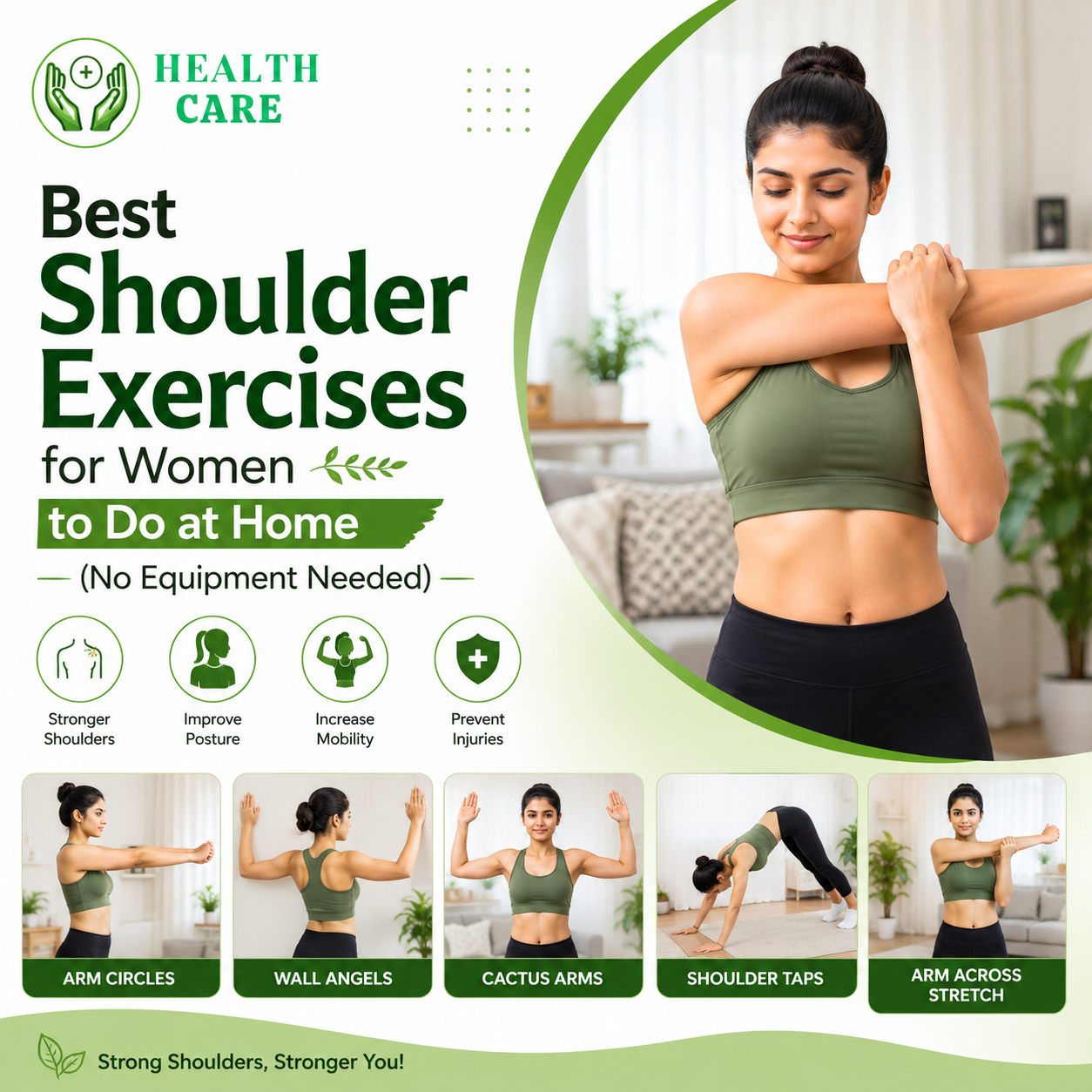 Woman performing shoulder stretching exercises at home without equipment to improve shoulder strength, flexibility, posture, and mobility.