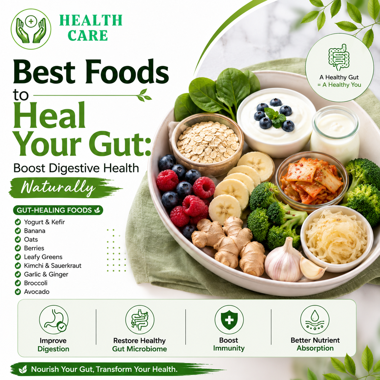 Bowl of gut-healthy foods including yogurt, kefir, oats, bananas, berries, kimchi, broccoli, garlic, ginger, and leafy greens to support digestive health naturally.