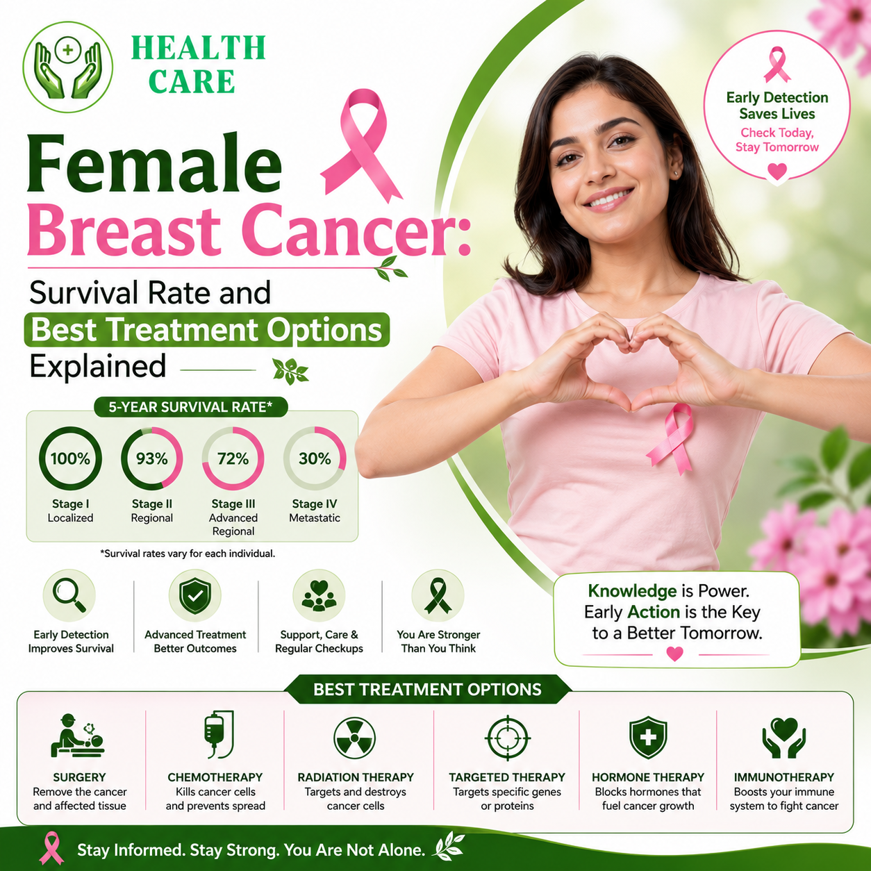 Woman wearing a pink breast cancer awareness ribbon with an infographic explaining female breast cancer survival rates, early detection, and treatment options.